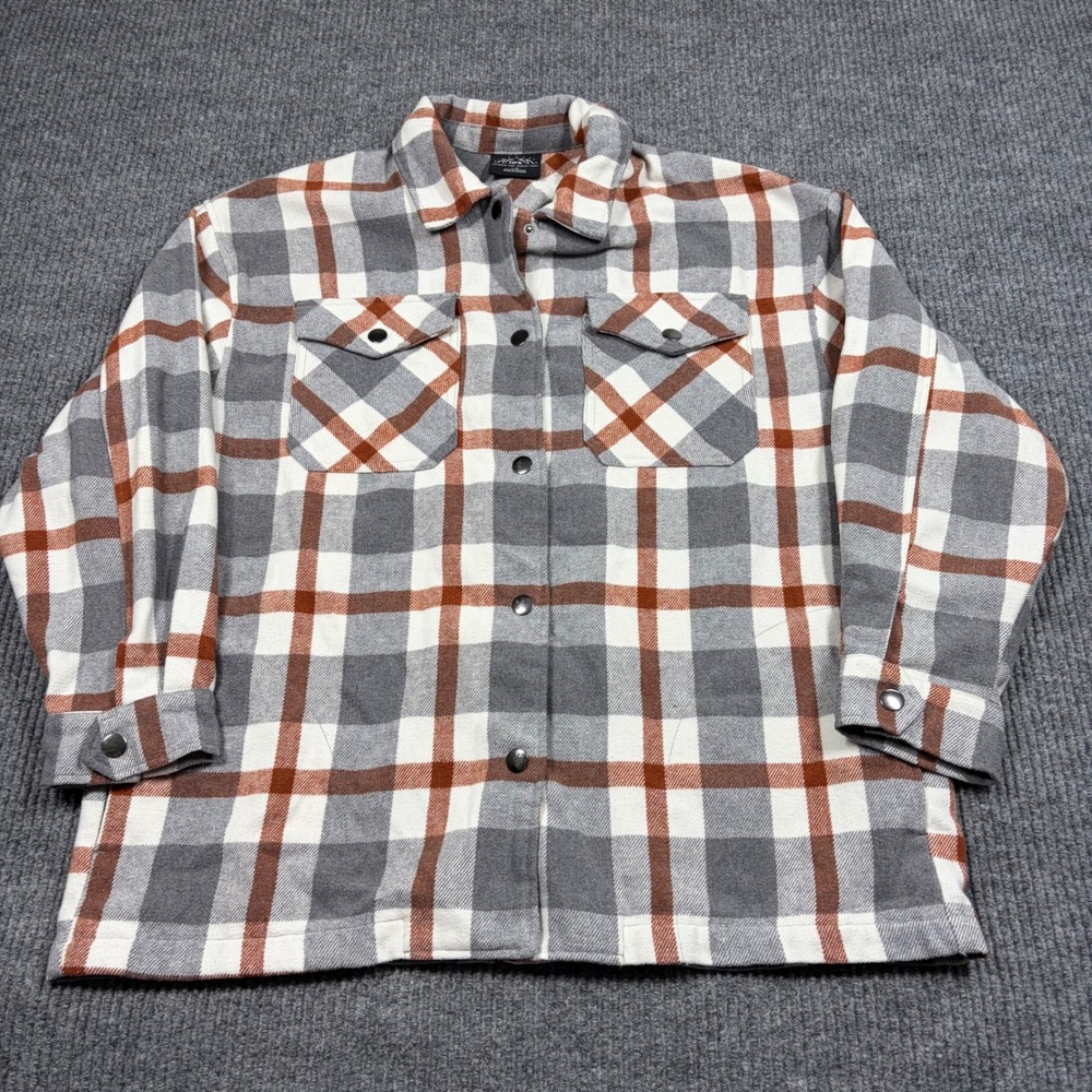 HFX Flannel Mens L Plaid Flannel Shirt Jacket Gray Orange Snap Front Shacket